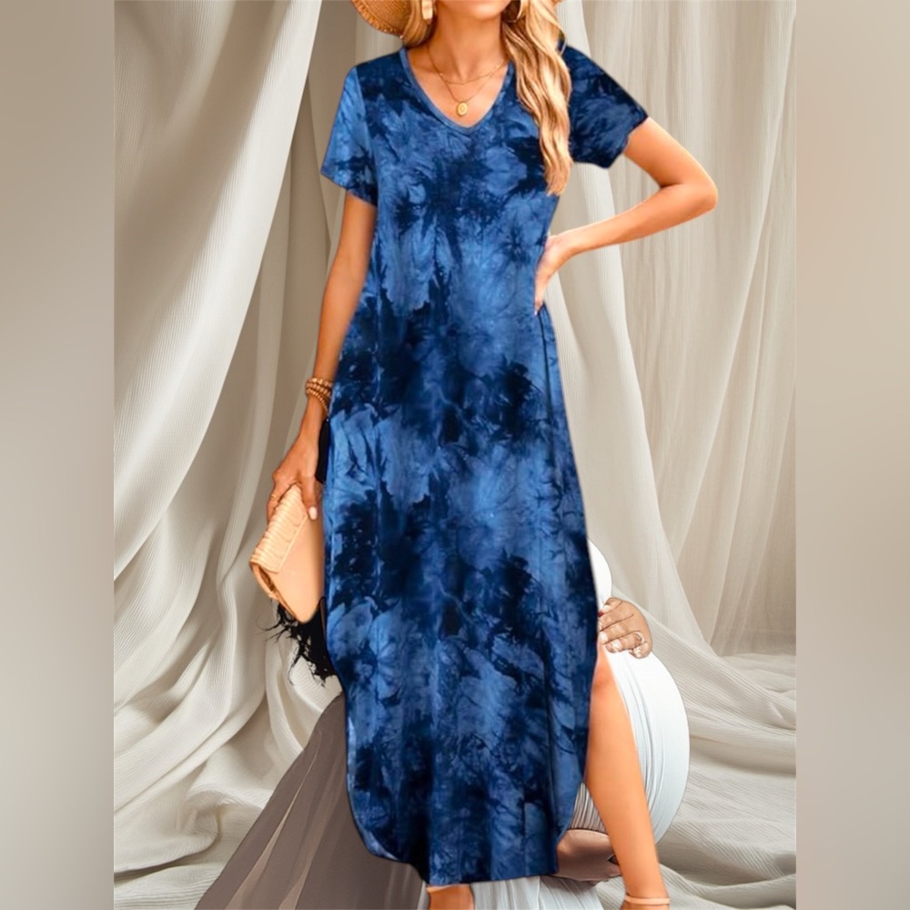 🩶 STILETTOS BROUGHT IT IN! ITS A TIE KNOT MAXI SHIRTTAIL DRESS. GRAY WHT NAVY L